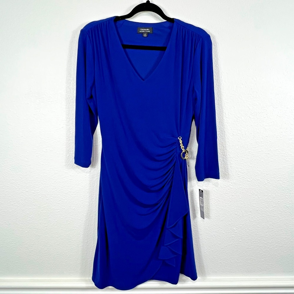 Tahari Faux Wrap Dress Chain‎ Accent Royal Blue Office Professional Women's 6